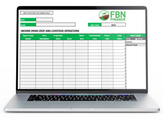 Laptop mockup showing annual farm budget template spreadsheet